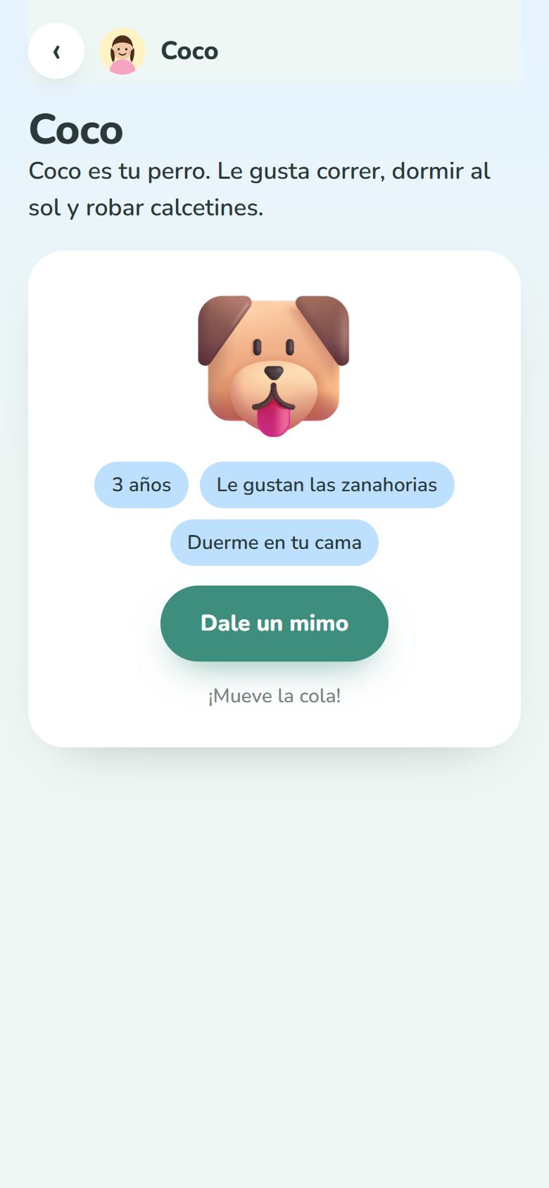 Pantalla de Mi mascota en el ejemplo